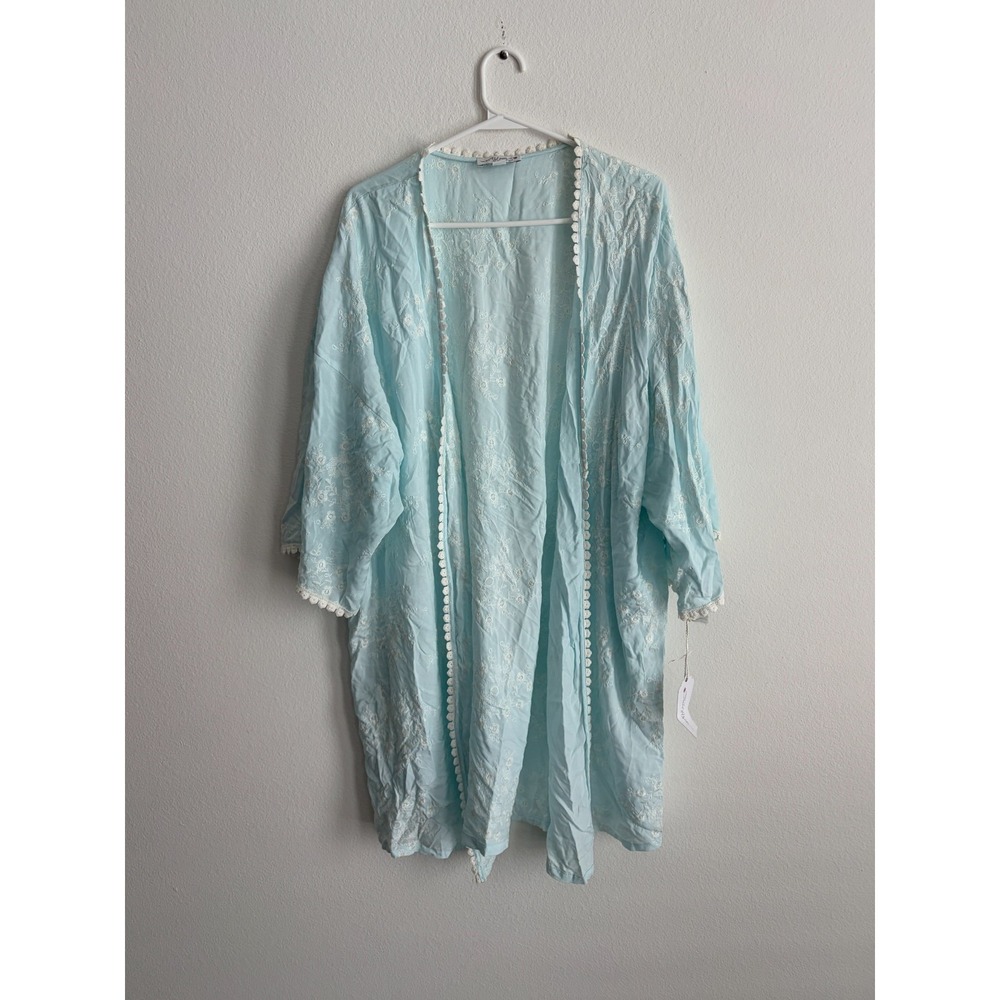 In Bloom By Jonquil Robe Women 1X Blue Floral Embroidery Pom Pom Trim Open Front